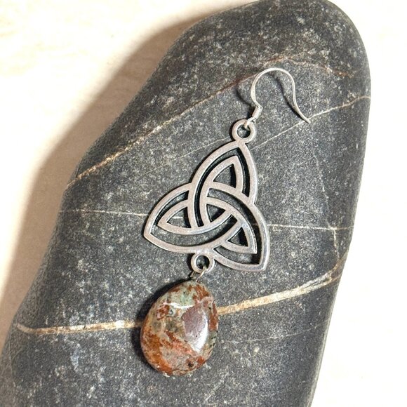 2/$20, Genuine Earthy Brecciated Jasper Triqueta Sterling Silver Dangle Earrings - Picture 5 of 9